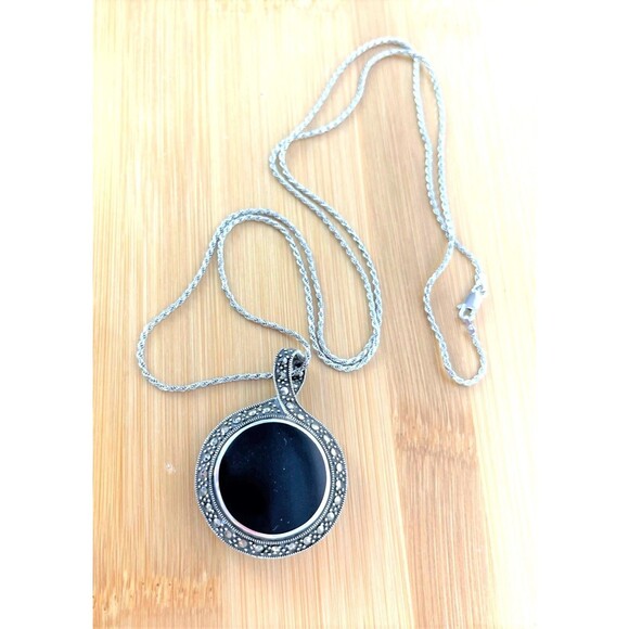 Vintage 925 Silver Marcasite Black Onyx Reversible Pendant Necklace - Picture 3 of 6